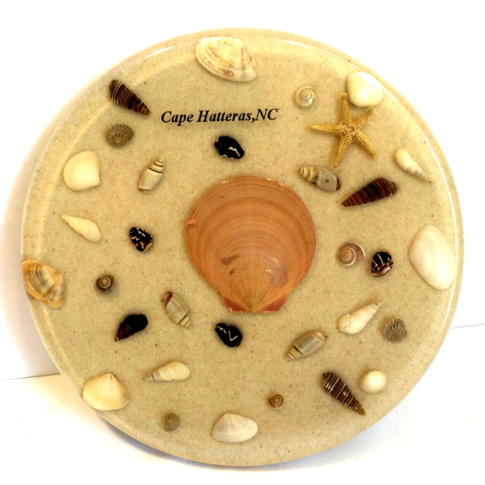 Retro Cape Hatteras NC Shells Sand Starfish Lucite Trivet Hot Plate Made in USA